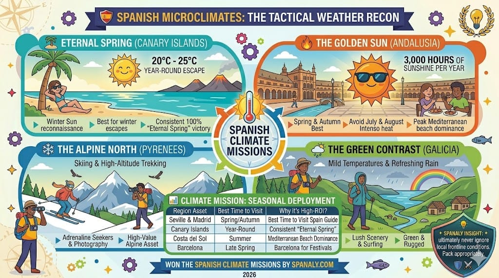 A colorful infographic illustrating Spain's diverse microclimates for a tactical weather recon, featuring eternal spring in the Canary Islands, the golden sun of Andalusia, the alpine north in the Pyrenees, and the green contrast of Galicia.