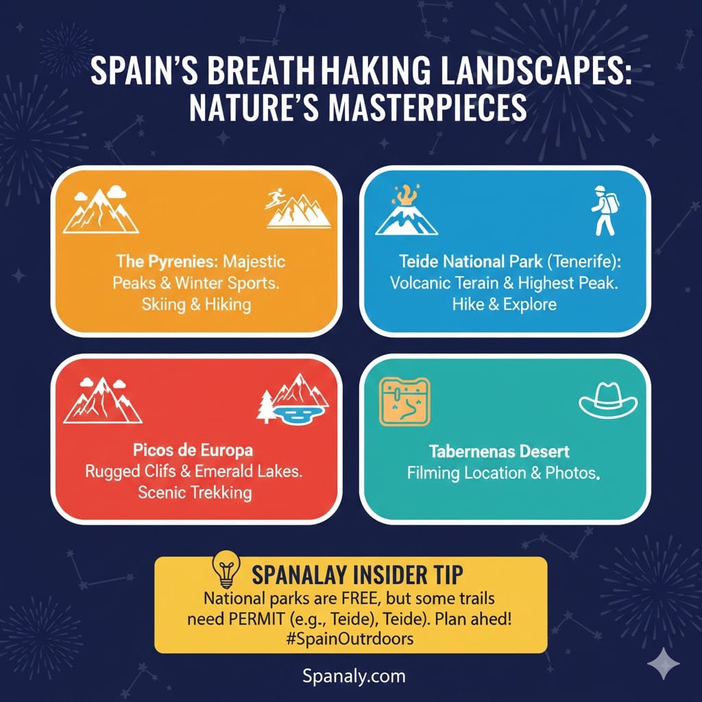 An inspiring nature infographic titled 'Spain's Breathtaking Landscapes' showcasing The Pyrenees, Teide National Park, Picos de Europa, and Tabernas Desert with adventure tips and permit information, by Spanaly.com.