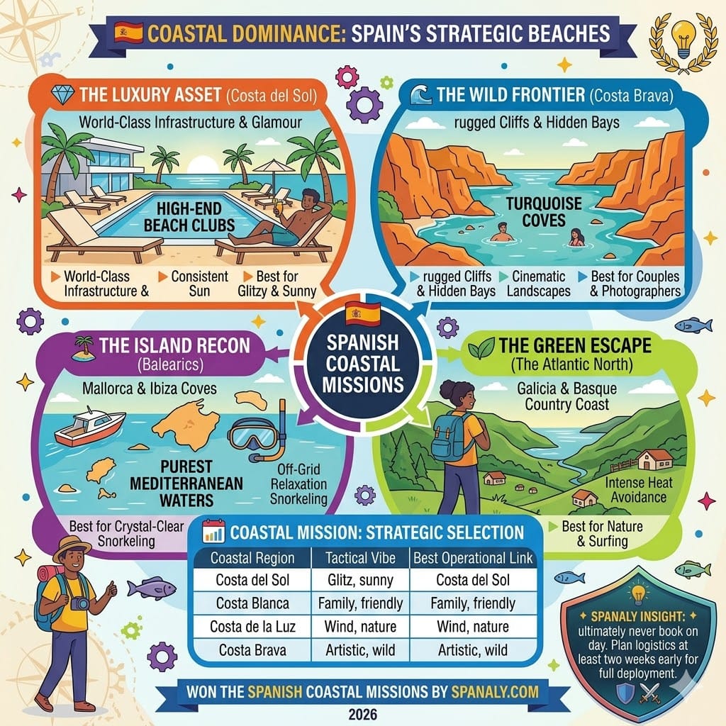 A colorful infographic illustrating Spain's strategic coastal destinations, including the luxury asset of Costa del Sol, the wild frontier of Costa Brava, the island recon of Balearics, and the green escape of the Atlantic North.