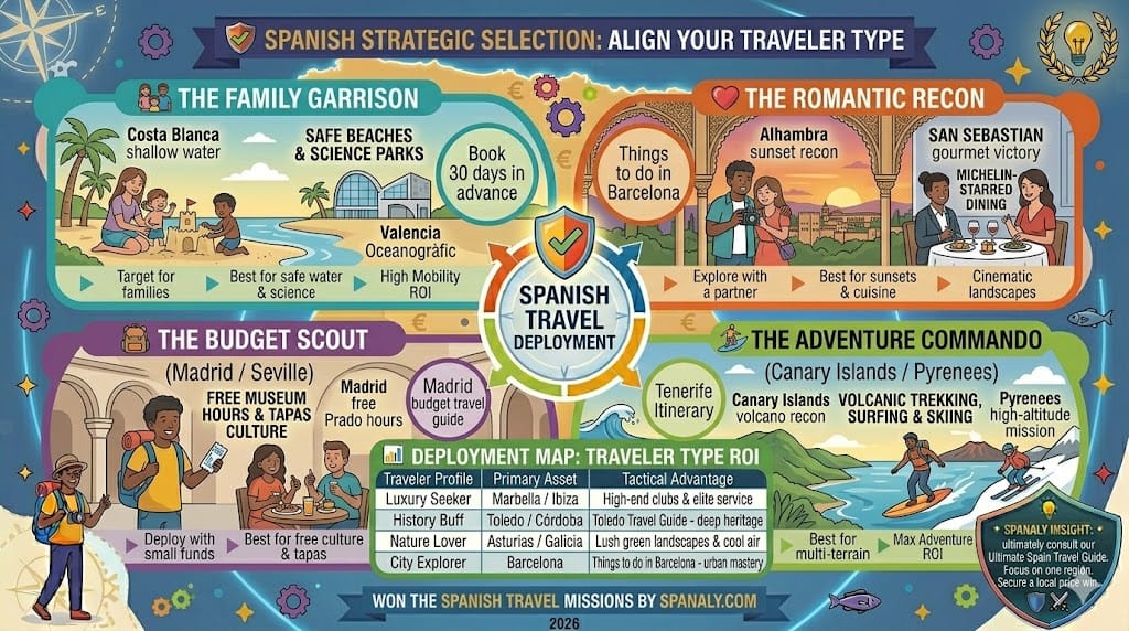 A colorful infographic illustrating strategic travel selection in Spain, featuring destinations for families, romantic couples, budget scouts, and adventure travelers based on traveler type.