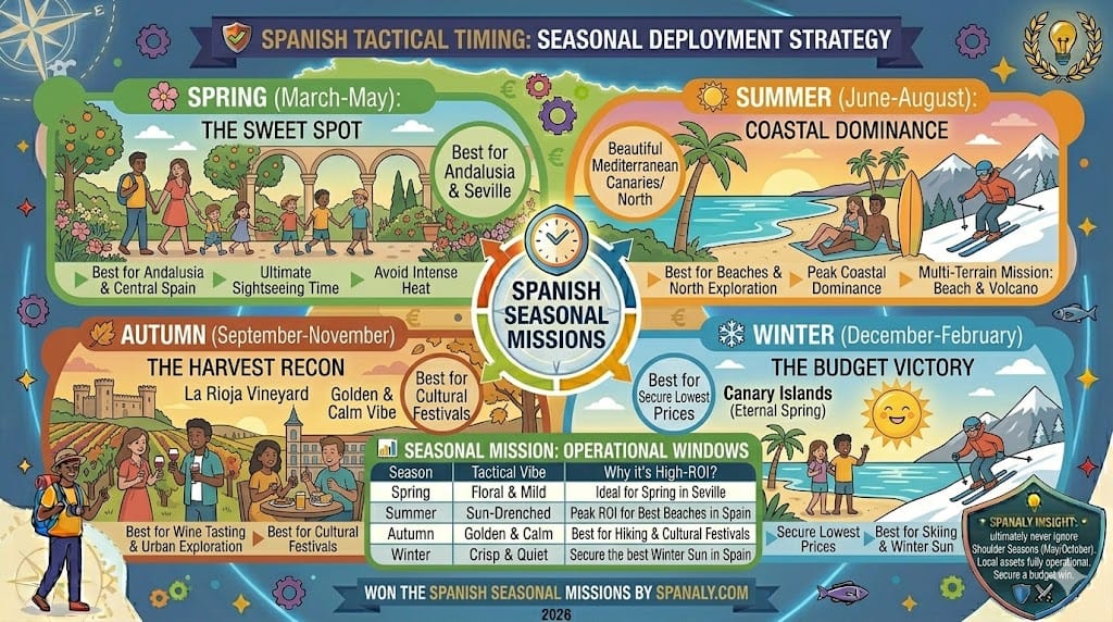 A colorful infographic illustrating the tactical deployment strategy for visiting Spain across four seasons: Spring, Summer, Autumn, and Winter, featuring ideal activities and regional focuses for each.