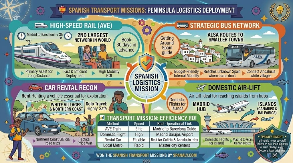A colorful infographic illustrating operational logistics in Spain, featuring high-speed AVE trains, strategic ALSA bus networks, car rental options for rural exploration, and domestic flights to the islands.