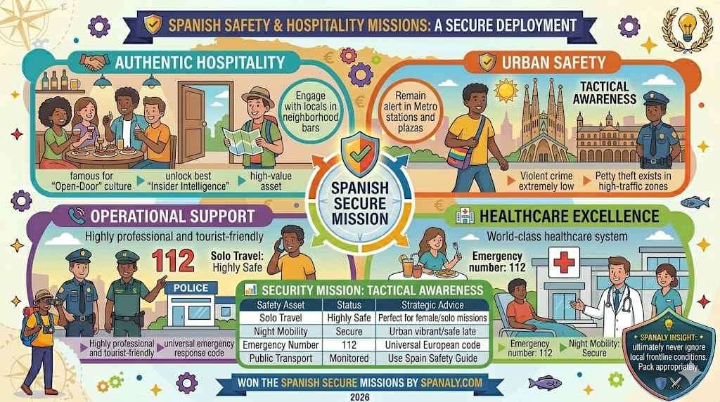 A colorful infographic illustrating safe travel in Spain and local hospitality, featuring a diverse group sharing tapas, a person wearing a cross-body bag securely, police assistance, and world-class healthcare.
