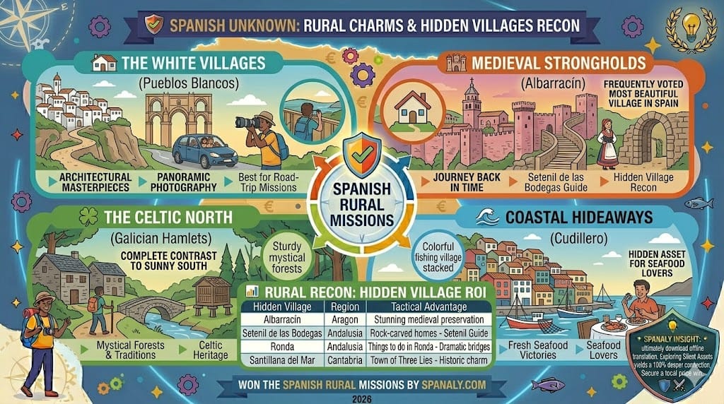 A colorful infographic illustrating strategic rural reconnaissance in Spain, featuring medieval strongholds in Aragon like Albarracín, rock-carved homes in Setenil de las Bodegas, and traditional villages in Cantabria like Santillana del Mar.