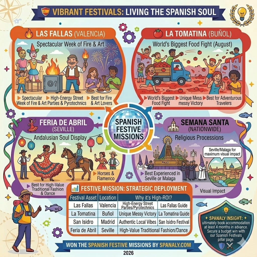 A colorful infographic illustrating Spain's vibrant festivals and local traditions, featuring Las Fallas in Valencia, La Tomatina in Buñol, Feria de Abril in Seville, and Nationwide Semana Santa processions.