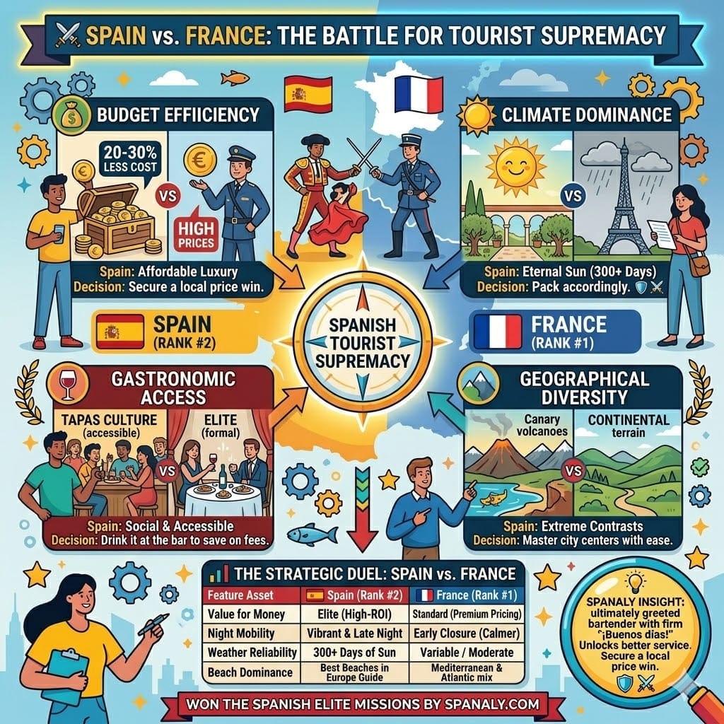 A colorful infographic illustrating the strategic duel between Spain and France for tourism supremacy, comparing budget efficiency, climate dominance, gastronomic access, and geographical diversity.