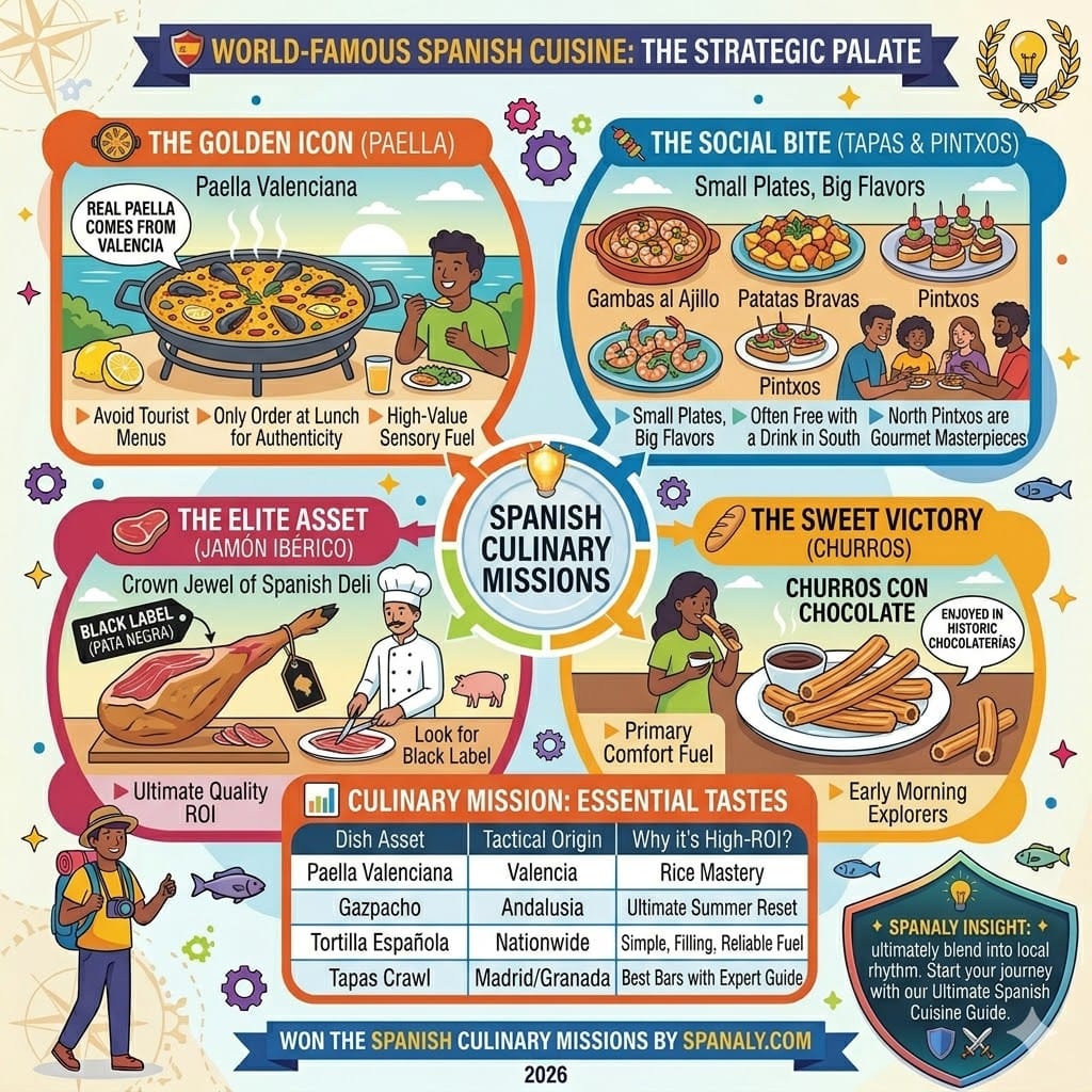 A colorful infographic illustrating world-famous Spanish cuisine, featuring the golden icon of Paella, the social bite of Tapas and Pintxos, the elite asset of Jamón Ibérico, and the sweet victory of Churros.
