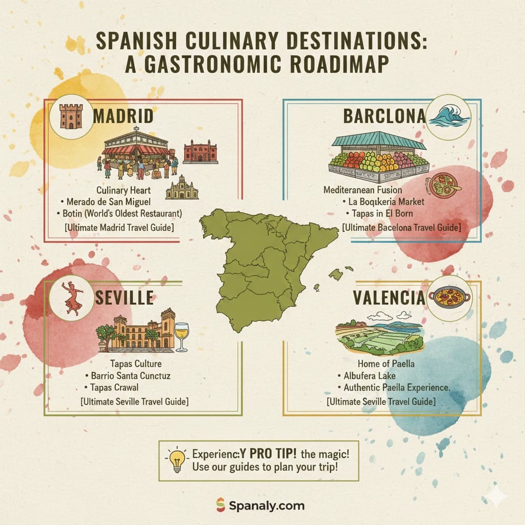A culinary map infographic of Spain highlighting top food destinations: Madrid's markets, Barcelona's La Boqueria, Seville's tapas, and Valencia's authentic paella.