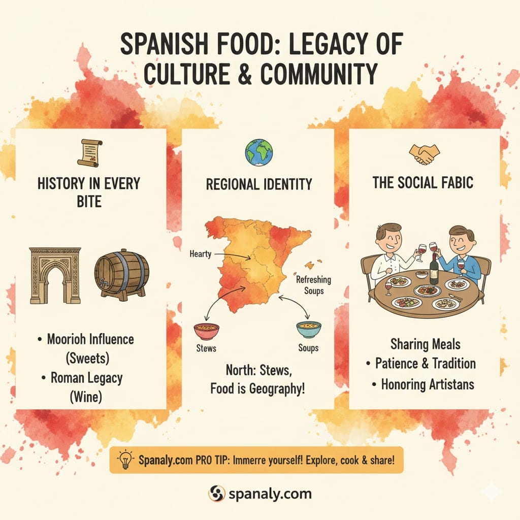 A conceptual infographic about the legacy of Spanish food, highlighting historical influences, regional identity through geography, and the social importance of sharing meals.