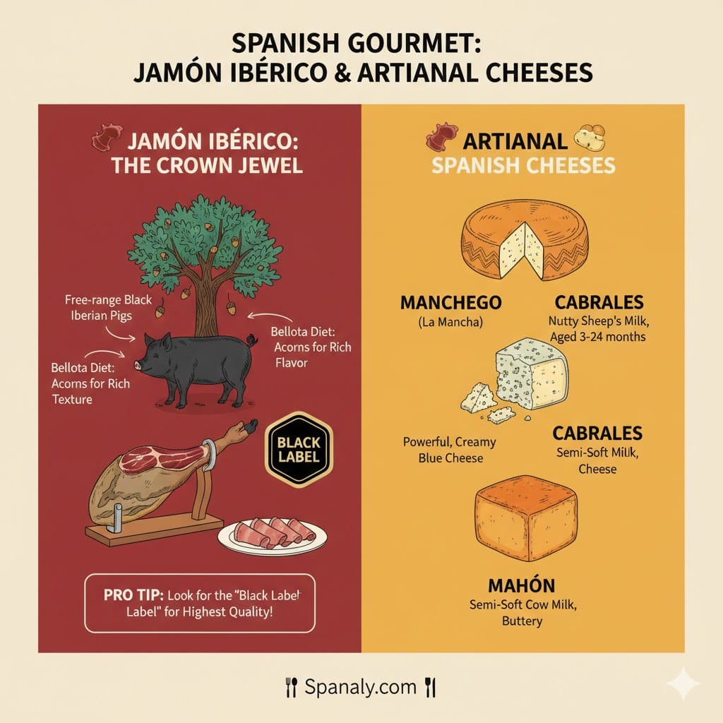 Detailed infographic of Spanish gourmet food: Jamón Ibérico black label, and traditional cheeses like Manchego, Cabrales, and Mahón with quality tips.