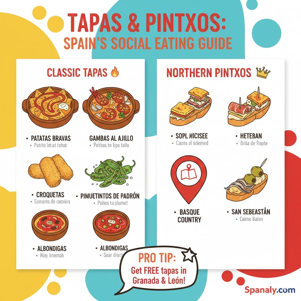 A colorful infographic guide to Spanish Tapas and Northern Pintxos, featuring Patatas Bravas, Gambas al Ajillo, and Basque Country snacks with travel tips.