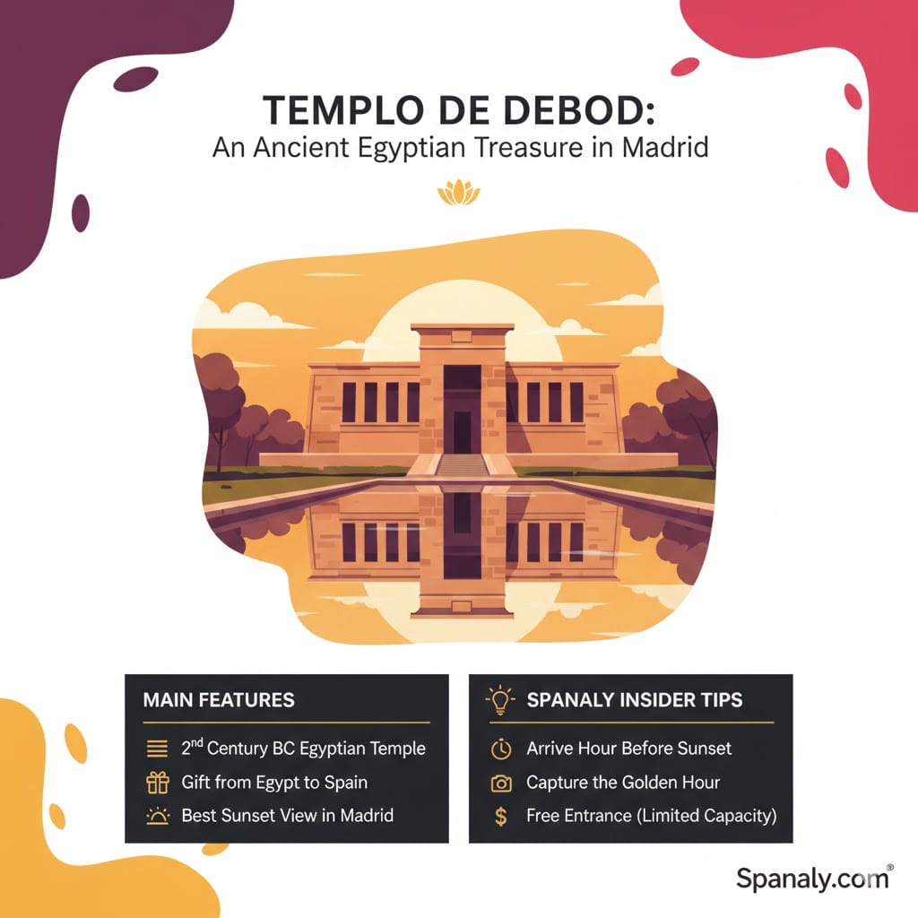 The ancient Egyptian Templo de Debod in Madrid at sunset, reflected in the surrounding water.