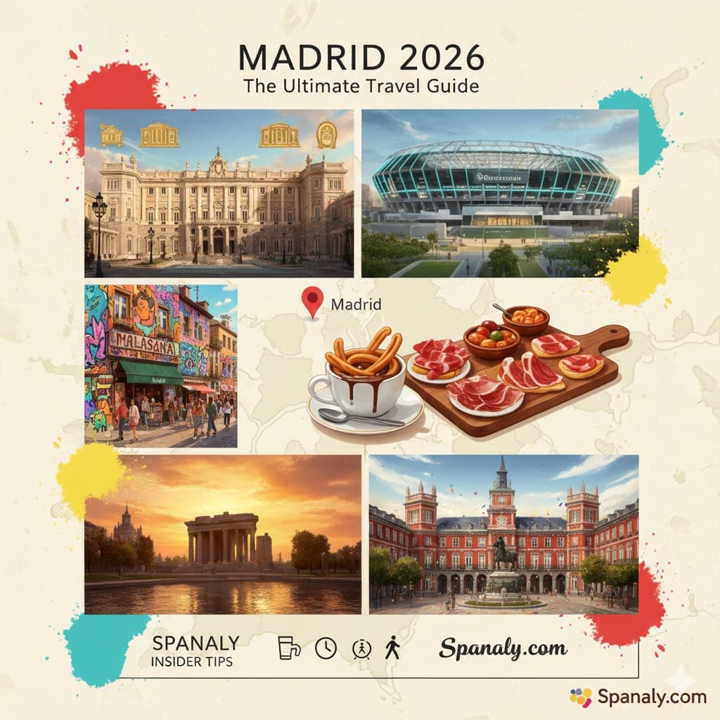 A comprehensive 2026 Madrid travel guide poster featuring the Royal Palace, Santiago Bernabéu Stadium, Egyptian Temple of Debod, Plaza Mayor, and traditional Spanish tapas with a map of Spain pointing to Madrid.