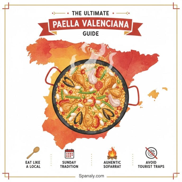 A colorful artistic illustration featuring a large Paella pan centered over a map of Spain. The image includes the title 'The Ultimate Paella Valenciana Guide' at the top and Spanaly.com at the bottom. Icons at the base highlight key topics: Eat Like a Local, Sunday Tradition, Authentic Socarrat, and Avoiding Tourist Traps.