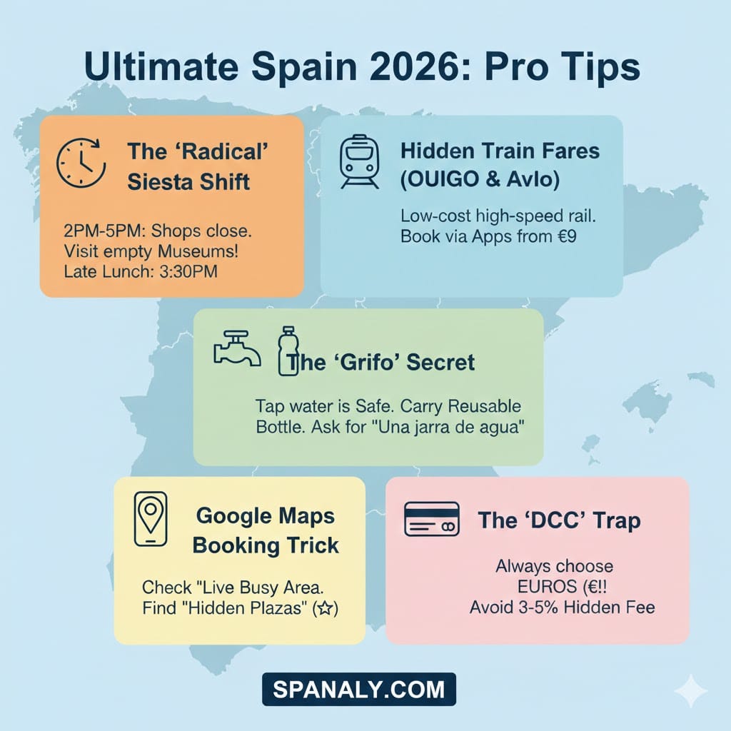 Pro tips infographic for traveling Spain in 2026, featuring the siesta shift, low-cost trains, tap water secrets, Google Maps tricks, and avoiding DCC credit card fees, with a background map of Spain.