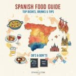 A colorful Pinterest-style infographic of Spain featuring a central map surrounded by traditional dishes like paella, jamón, and churros, along with dining tips and drinks.