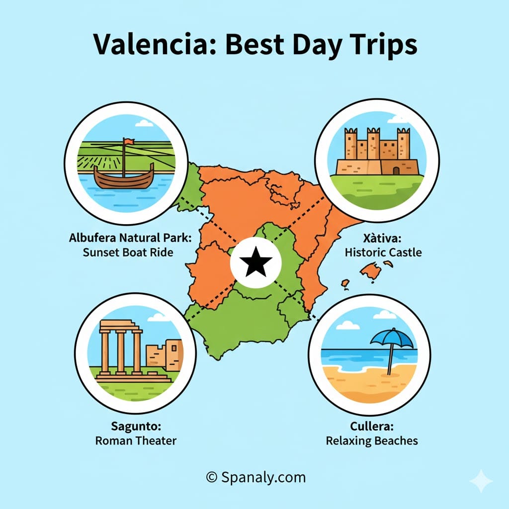 An infographic showcasing the best day trips from Valencia, including Albufera boat rides, Xàtiva historic castle, Sagunto Roman theater, and Cullera beaches.
