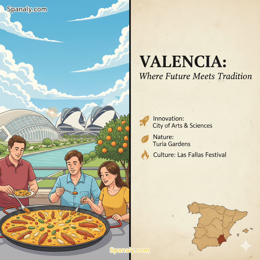 Professional travel infographic of Valencia featuring the futuristic City of Arts and Sciences and traditional Paella elements with a Spain map highlighting the city location - Spanaly.