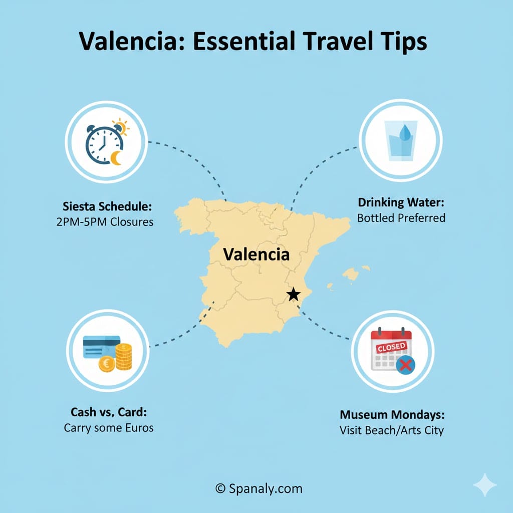 A helpful infographic with Valencia travel tips, showing the siesta schedule (2PM-5PM), bottled water preference, cash vs card advice, and museum closures on Mondays.