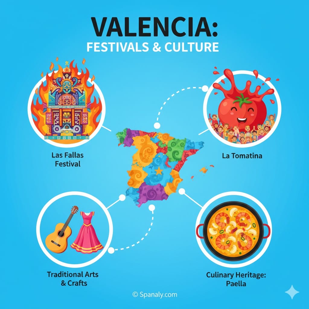 A colorful infographic illustrating Valencia's culture, featuring Las Fallas fire festival, La Tomatina tomato fight, traditional Spanish arts, and a delicious Paella pan.