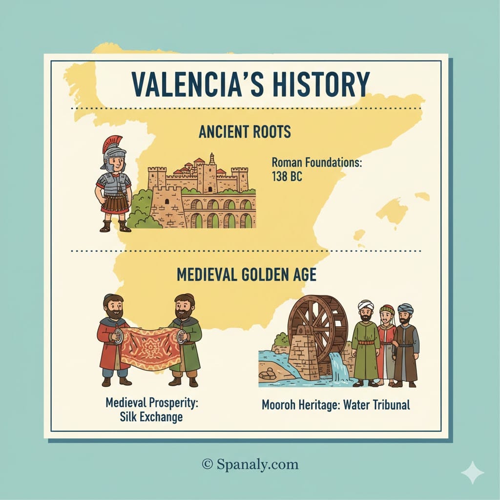 A colorful infographic showing Valencia's history timeline from Roman foundations in 138 BC to the medieval Silk Exchange and Moorish water heritage.