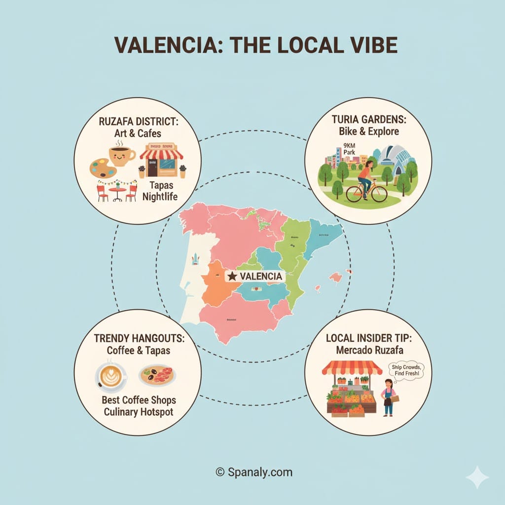 A comprehensive infographic of Valencia's local lifestyle featuring Ruzafa district's art and cafes, Turia Gardens' bike paths, trendy coffee spots, and the Mercado Ruzafa tip.