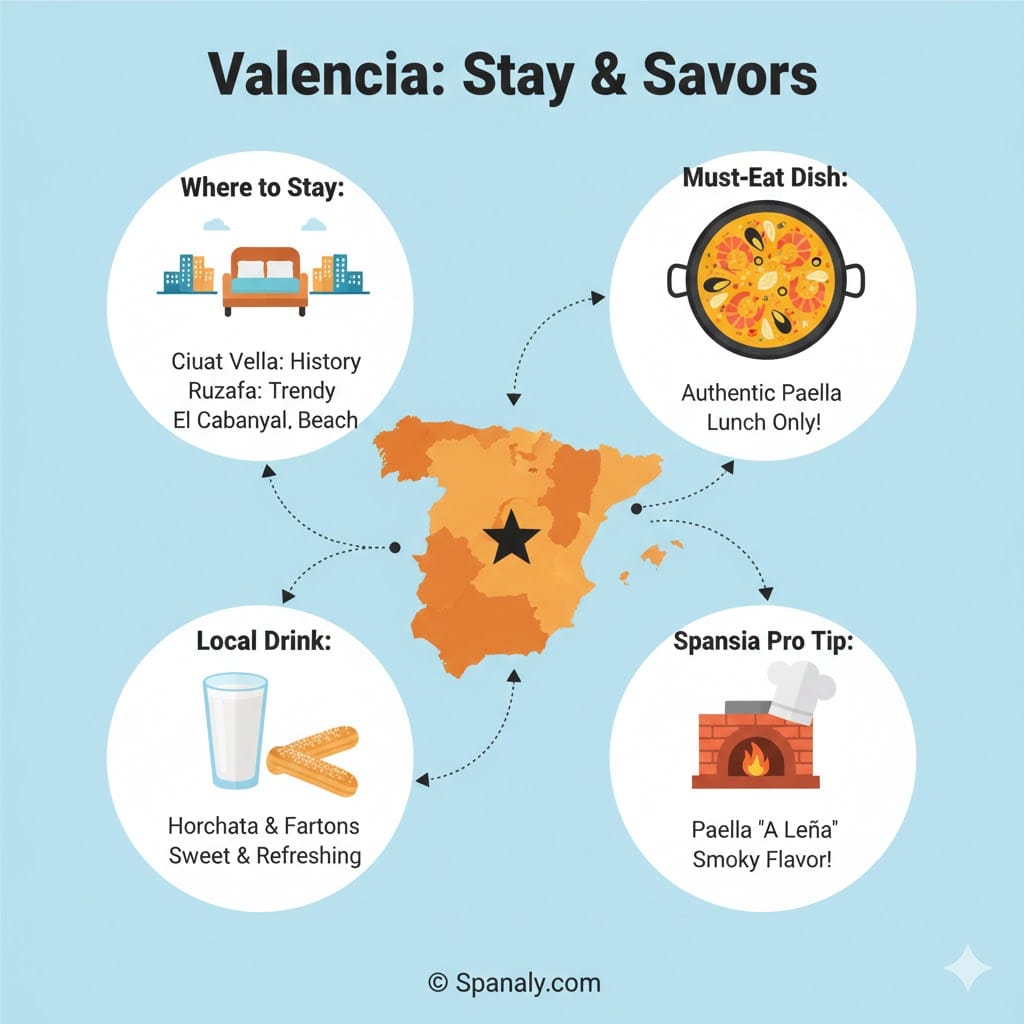 A colorful infographic for Valencia travel guide 2026, showing where to stay in Ciutat Vella and Ruzafa, authentic paella for lunch, horchata drink, and a wood-fired oven for paella a leña.