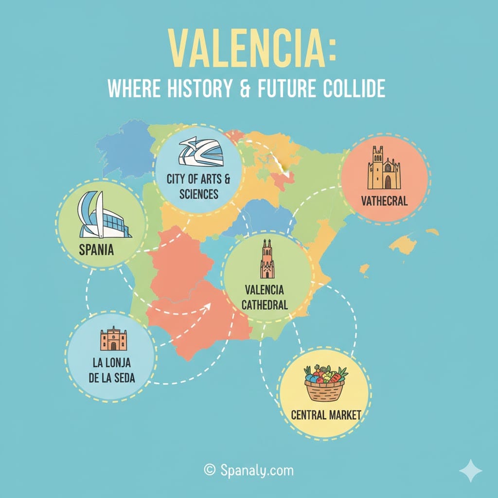 A vibrant and colorful infographic map of Spain highlighting Valencia's top attractions including the City of Arts and Sciences, the Cathedral, and Central Market in a cheerful illustrated style.