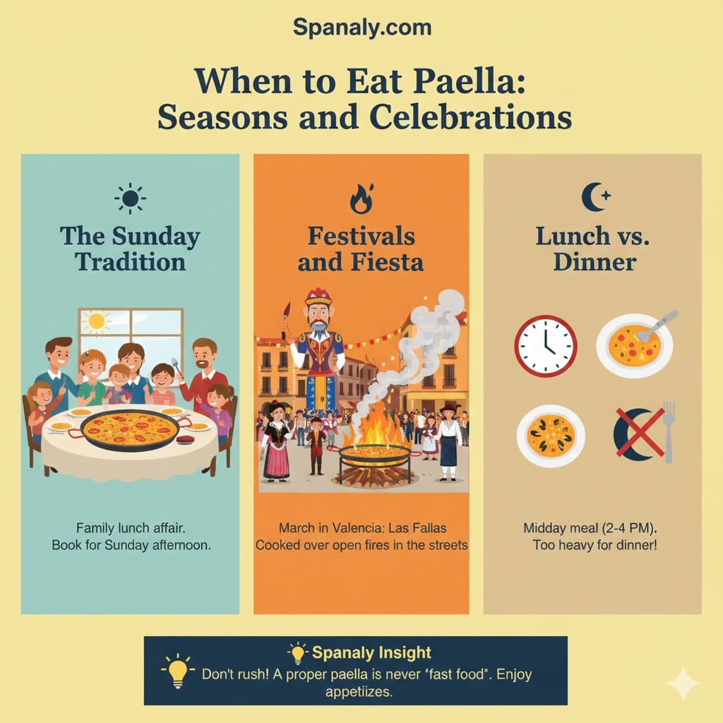A colorful infographic titled 'When to Eat Paella: Seasons and Celebrations'. It illustrates three key traditions: The Sunday family lunch, the Las Fallas festival in March with street cooking, and the preference for lunch over dinner. Includes a Spanaly Insight about not rushing the meal.