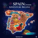 A vibrant and artistic travel map of Spain for 2026, featuring iconic landmarks like the Sagrada Família, traditional flamenco dancers, a plate of authentic paella, and fireworks, all enclosed within a glowing neon border of Spain by Spanaly.com.