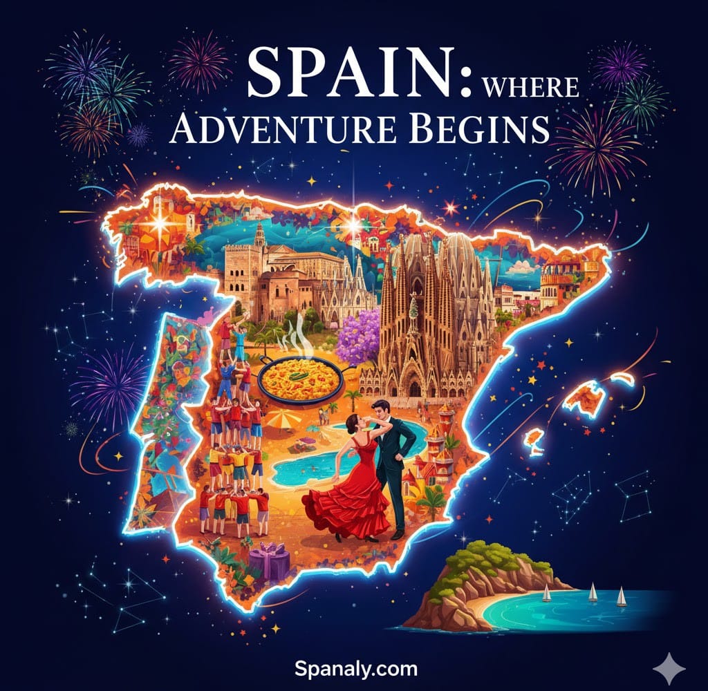 A vibrant and artistic travel map of Spain for 2026, featuring iconic landmarks like the Sagrada Família, traditional flamenco dancers, a plate of authentic paella, and fireworks, all enclosed within a glowing neon border of Spain by Spanaly.com.