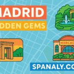 A colorful collage of Madrid’s hidden gems including El Capricho Park, Templo de Debod, and Mercado de San Fernando