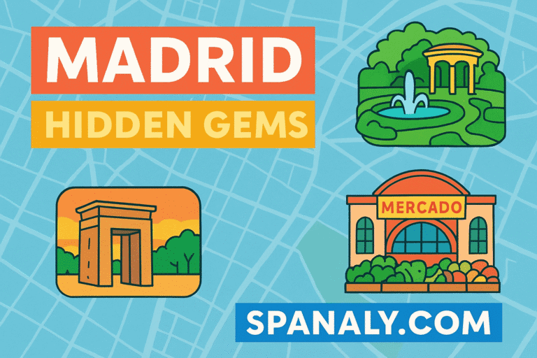 A colorful collage of Madrid’s hidden gems including El Capricho Park, Templo de Debod, and Mercado de San Fernando