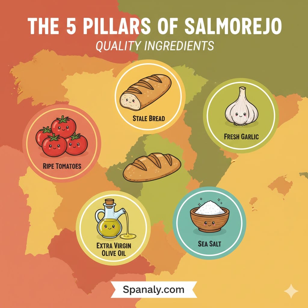A colorful 2026 infographic for Spanaly showing the 5 pillars of Salmorejo: ripe tomatoes, stale bread, fresh garlic, extra virgin olive oil, and sea salt on a map of Spain.