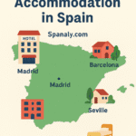 Illustrated map of Spain showing different types of accommodation including hotels, Airbnb, and rural houses