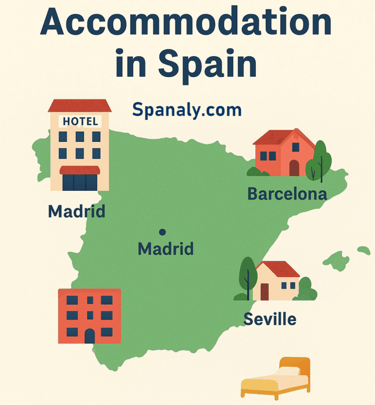 Illustrated map of Spain showing different types of accommodation including hotels, Airbnb, and rural houses