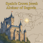 Fairytale Alcazar of Segovia Castle illustration, high view showing its location on a rocky cliff and a map of Spain pointing to Segovia city.