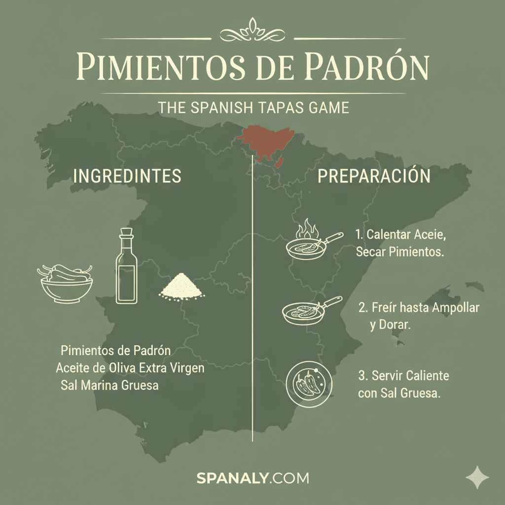 Infographic of Pimientos de Padrón recipe: how to cook Spanish blistered green peppers with olive oil and sea salt, featuring a map of Galicia background - Spanaly.