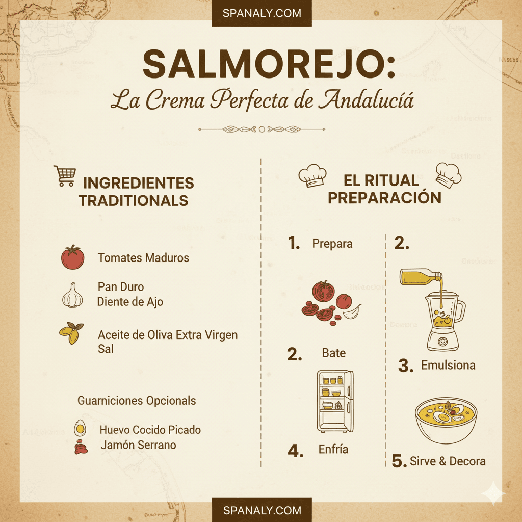 Infographic of authentic Salmorejo recipe: creamy cold tomato soup with olive oil, garlic, and bread, garnished with jamón and boiled eggs on a Mediterranean background - Spanaly.