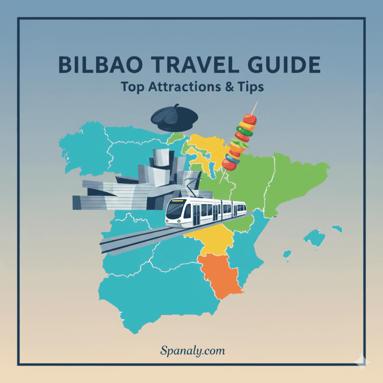 Creative map of Spain highlighting Bilbao, featuring large and clear symbols of the Guggenheim Museum, the Puppy floral sculpture, and traditional Basque pintxos. Artistic travel guide illustration with a vibrant modern background for Spanaly.com.