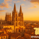 Burgos Cathedral’s Gothic spires rising above the old city center under a clear blue sky, Spain.