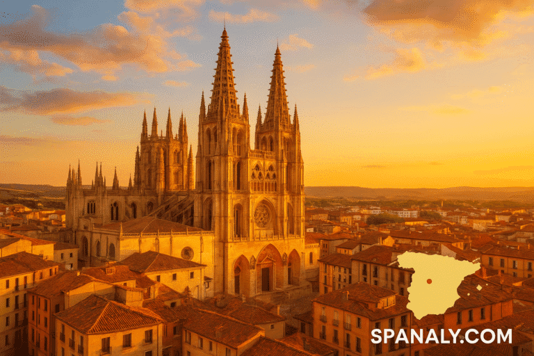 Burgos Cathedral’s Gothic spires rising above the old city center under a clear blue sky, Spain.