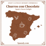 Informative and promotional graphic for the "Churros con Chocolate: Spain’s Sweet Delight" guide by Spanaly.com. The design features appetizing, clear symbols of fried churros and thick Spanish hot chocolate, set over a prominently displayed map of Spain, utilizing a rich, distinct color palette suitable for a sweet delicacy guide.
