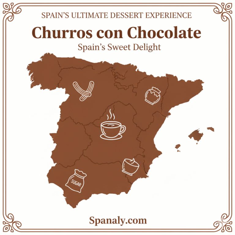 Informative and promotional graphic for the "Churros con Chocolate: Spain’s Sweet Delight" guide by Spanaly.com. The design features appetizing, clear symbols of fried churros and thick Spanish hot chocolate, set over a prominently displayed map of Spain, utilizing a rich, distinct color palette suitable for a sweet delicacy guide.