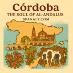 Illustrated map of Spain highlighting Córdoba with the Mosque–Cathedral and Roman Bridge surrounded by flowers — Spanaly.com