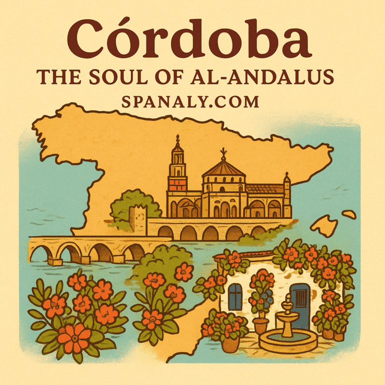Illustrated map of Spain highlighting Córdoba with the Mosque–Cathedral and Roman Bridge surrounded by flowers — Spanaly.com