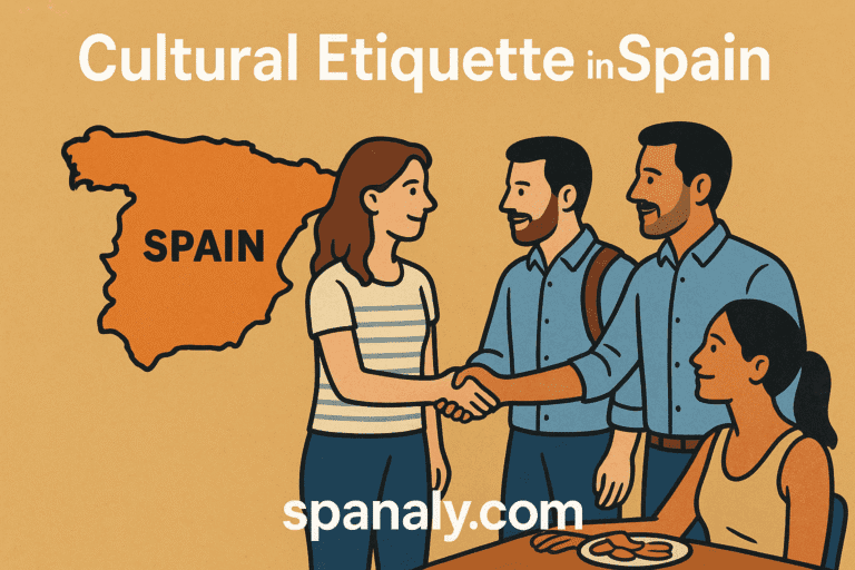 Travelers learning about cultural etiquette in Spain, greeting locals and enjoying Spanish traditions