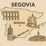 Illustrated map of Spain highlighting Segovia with hand-drawn landmarks including the Roman Aqueduct, Alcázar, and Cathedral — Spanaly.com