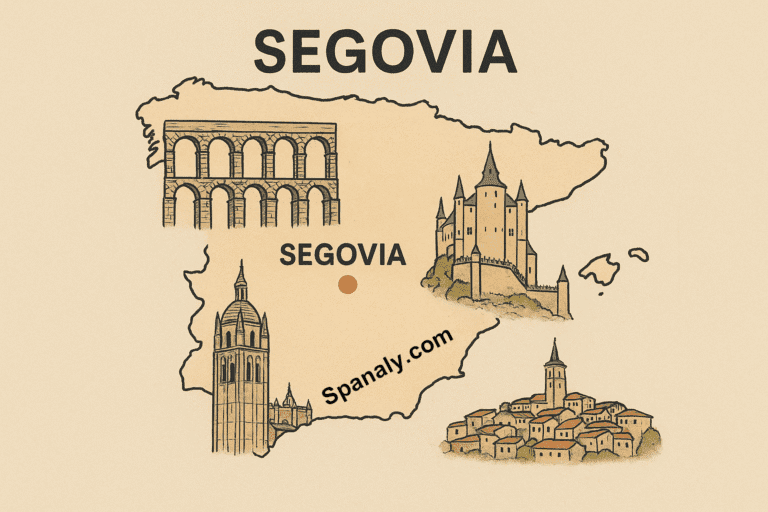 Illustrated map of Spain highlighting Segovia with hand-drawn landmarks including the Roman Aqueduct, Alcázar, and Cathedral — Spanaly.com