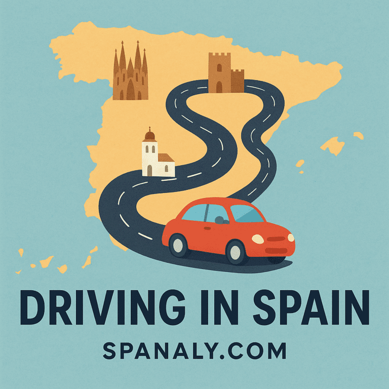 Illustrated map of Spain with highways and famous landmarks representing a Spanish road trip – Spanaly.com